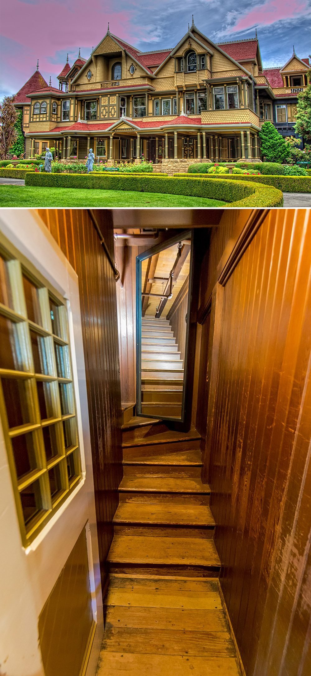 A collage of photographs featuring a large 19th century California mansion and a narrow secret staircase inside it.