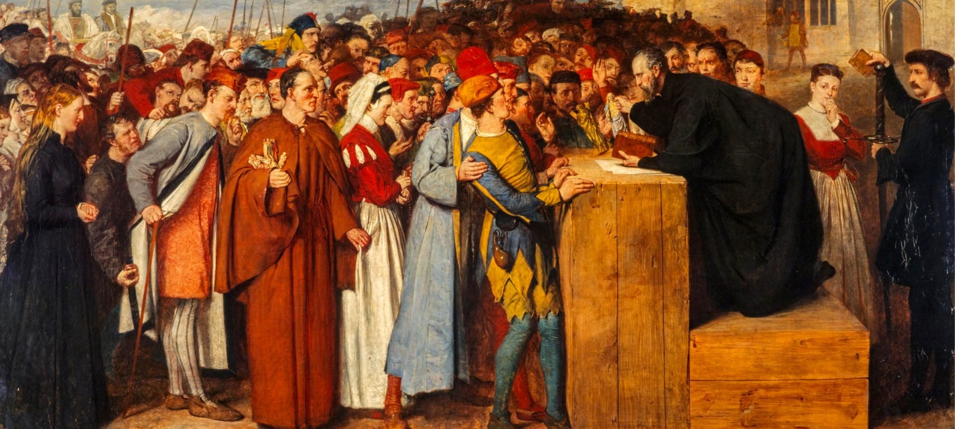 1871 painting by William Fettes Douglas depicting Wishart fervently preaching against Mariolatry. A diverse crowd of attentive listeners surrounds him, representing various social classes and ages. In the background on the far right, John Knox stands with a double-handed sword.