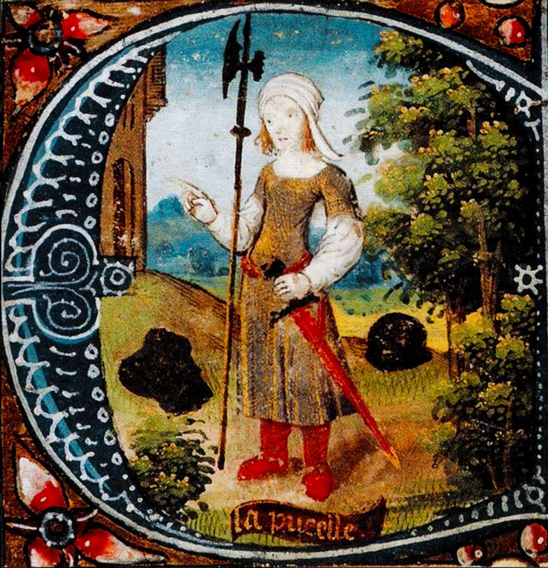 A medieval painting of Joan of Arc in peasant attire, holding her weapons.The frame is decorated with flowers and patterns. The text “La Pucelle” is written at the bottom of the frame.