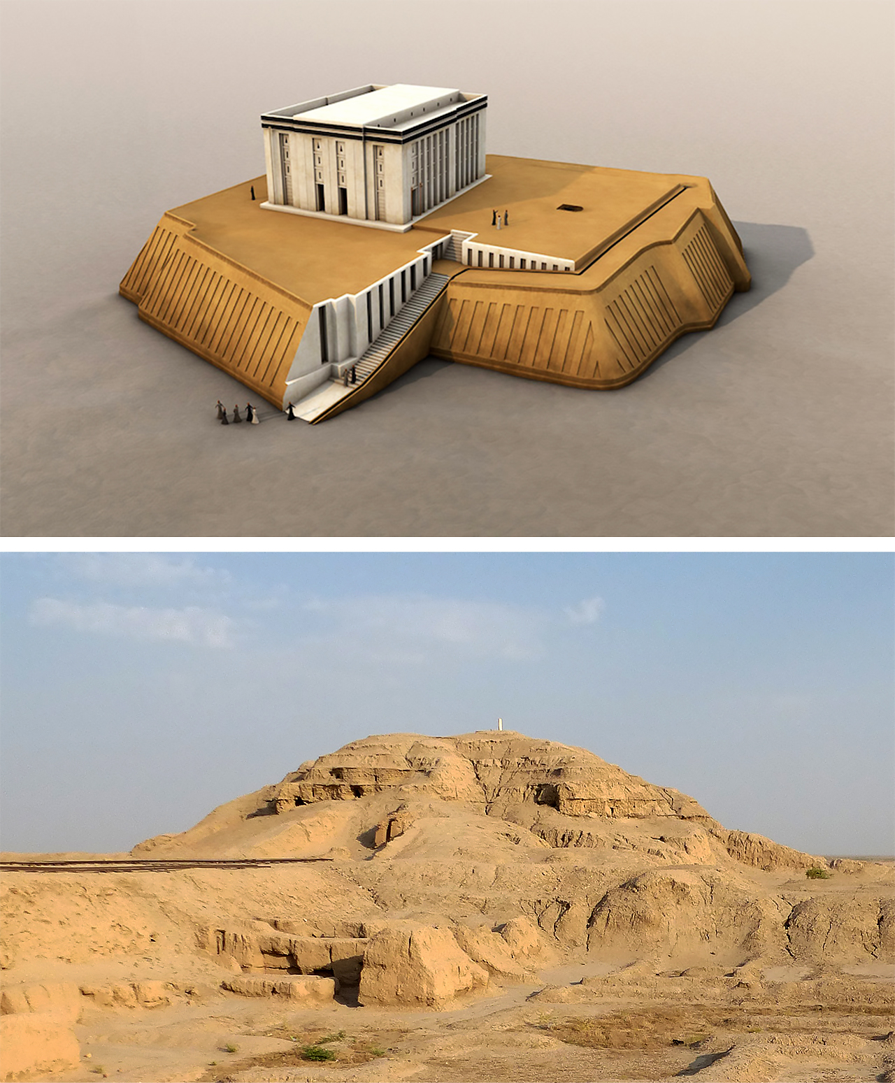A two-part image of a 3D rendering and a photo of a temple built into a rocky hillside. The 3D rendering shows the temple with a white exterior and a flat roof on a sand-colored platform. The photo shows the temple made of sand-colored stone and partially eroded by weather.