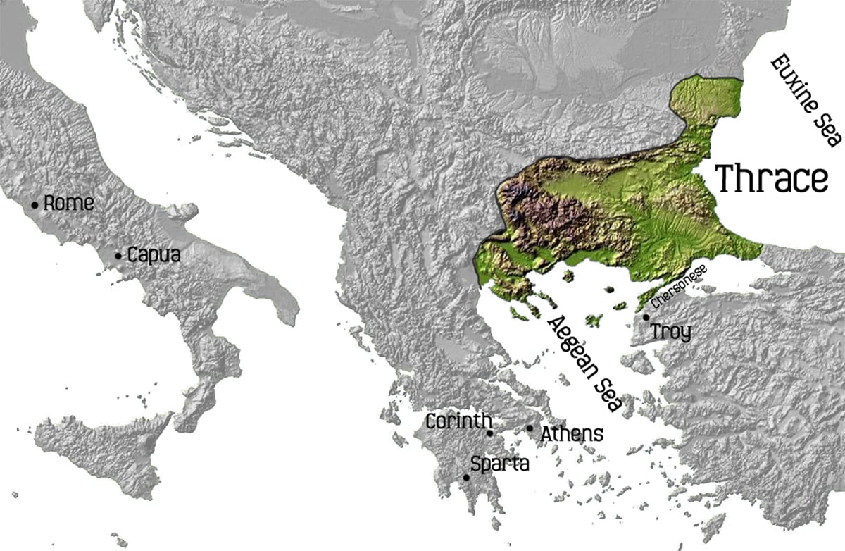 Map of Ancient Mediterranean Region showing key locations including Rome, Capua, Thrace, Troy, and the cities of Corinth, Athens, and Sparta near the Aegean Sea.