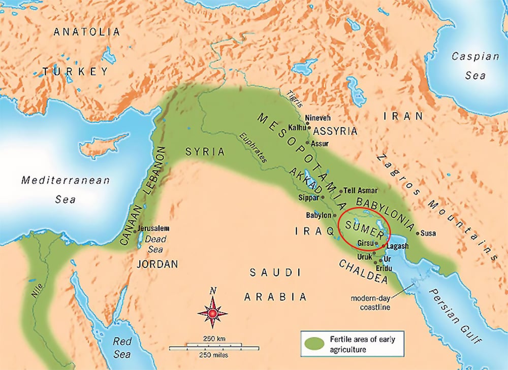 A topographical map of the Fertile Crescent, an area in the Middle East where early agriculture developed. The map shows the countries, seas, and important cities and regions in the area. The map is in English, with a compass rose and a scale.