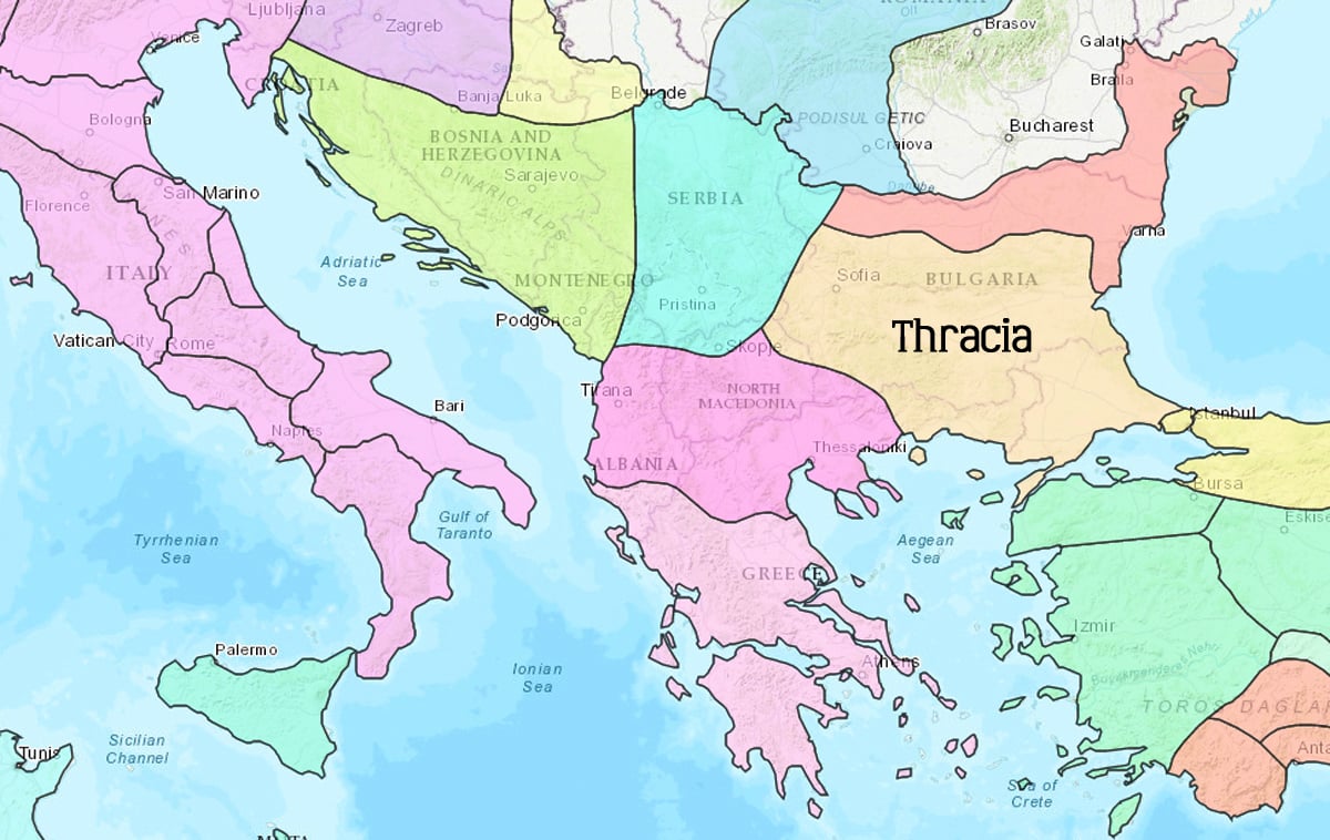 Map of the southeastern region of Europe, highlighting Thracia as a Roman province during Emperor Trajan's reign. The province of Thracia is labeled prominently and is situated in the territory of modern-day Bulgaria.