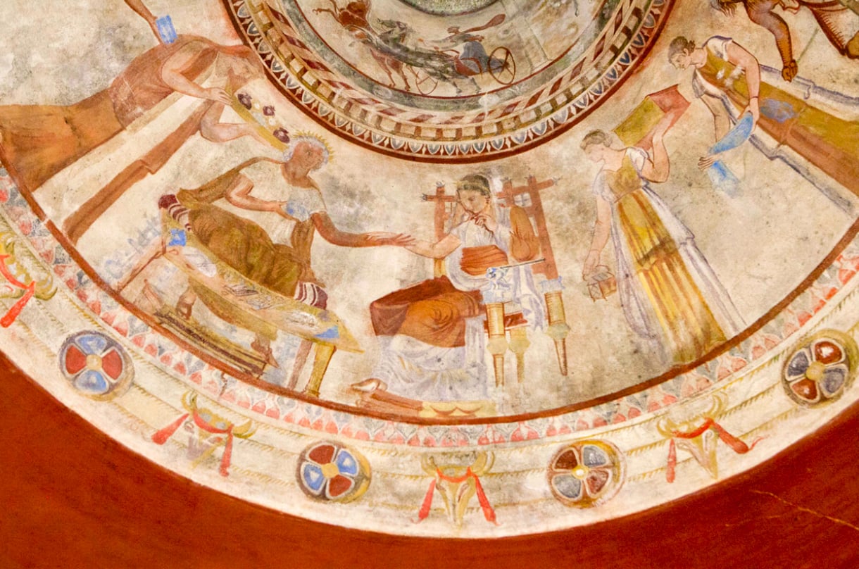Detailed fresco from the 4th century BC, located on the ceiling of the Tomb of Kazanlak, depicting the king and queen of Thrace. The scene captures the royal pair in a ceremonial setting with intricate patterns and symbols surrounding them. The palette is dominated by soft earthy tones, and the figures are adorned in traditional Thracian attire.