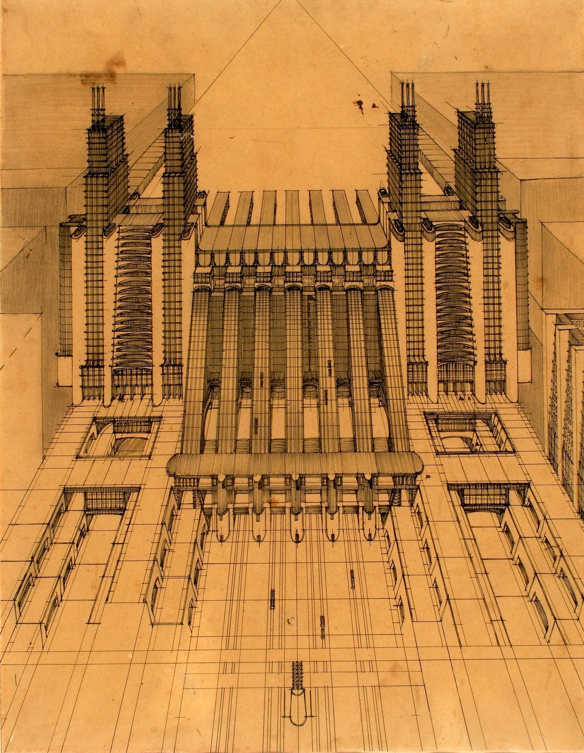 A detailed architectural drawing titled 'Air and Train Station with Funiculars' by Antonio Sant'Elia from 1914. The design presents an innovative and futuristic urban structure, with prominent vertical towers flanking a central building. These towers, resembling funiculars, are interconnected with a series of horizontal beams and walkways. The main building features multiple rows of large rectangular windows and intricate detailing. The ground level showcases railways, platforms, and other transport-related elements, all intricately sketched with precise lines. The entire composition exemplifies early 20th-century visionary architecture, blending functionality with avant-garde design.
