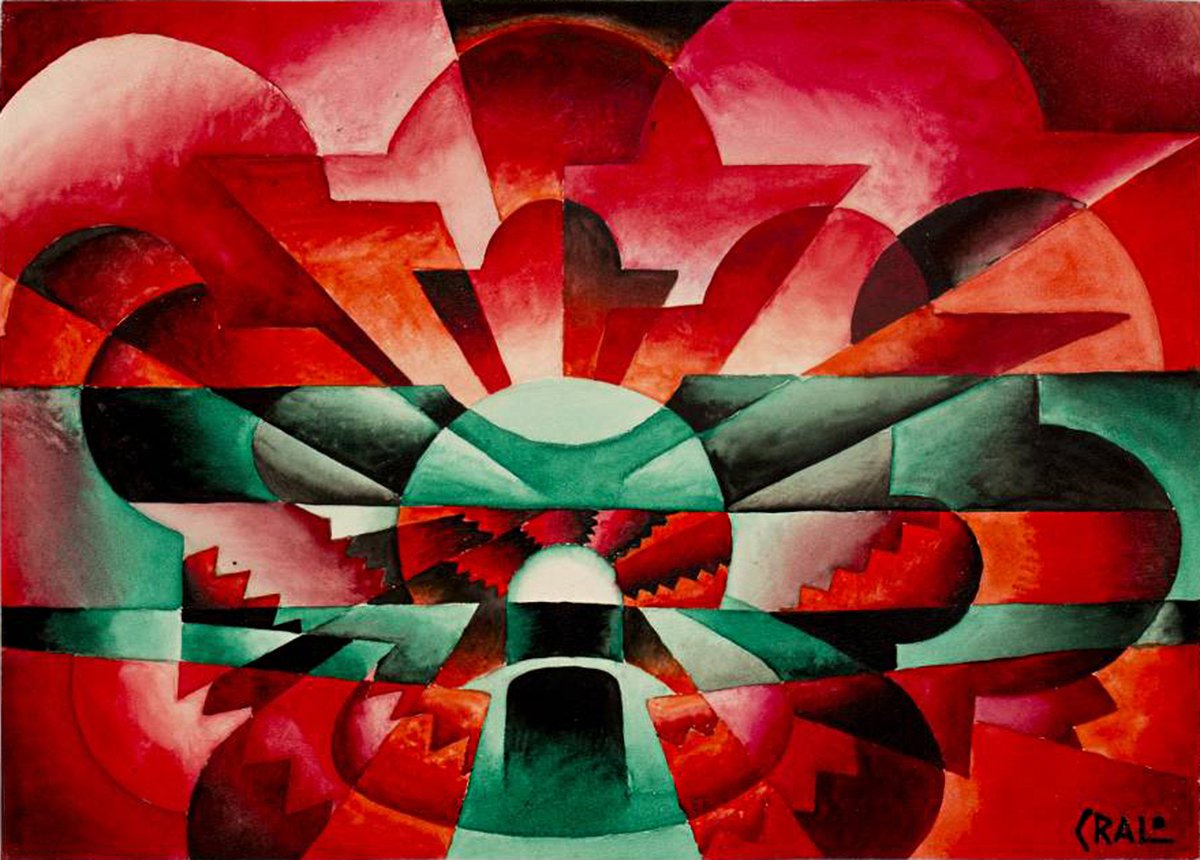 An artwork titled 'Airplane Roars' by Tullio Crali from 1927 embodies the energy and dynamism of Futurism. The composition features a myriad of intersecting geometric shapes in vivid shades of red, orange, black, and green, evoking the sensation of a roaring airplane in motion. The central motif suggests an aircraft propeller, surrounded by abstract forms that give a sense of speed and power. The bold and contrasting colors amplify the artwork's intensity, capturing the essence of modern aviation and technological progress.
