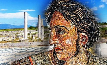 Composite image juxtaposing an ancient archaeological site with clear skies, tall pillars, and stone pathways against a detailed mosaic portrait of Alexander the Great with striking features, primarily focusing on the eyes and the curly hair. The vivid colors of the mosaic blend seamlessly with the natural hues of the ruins, creating a blend of history and artistry.
