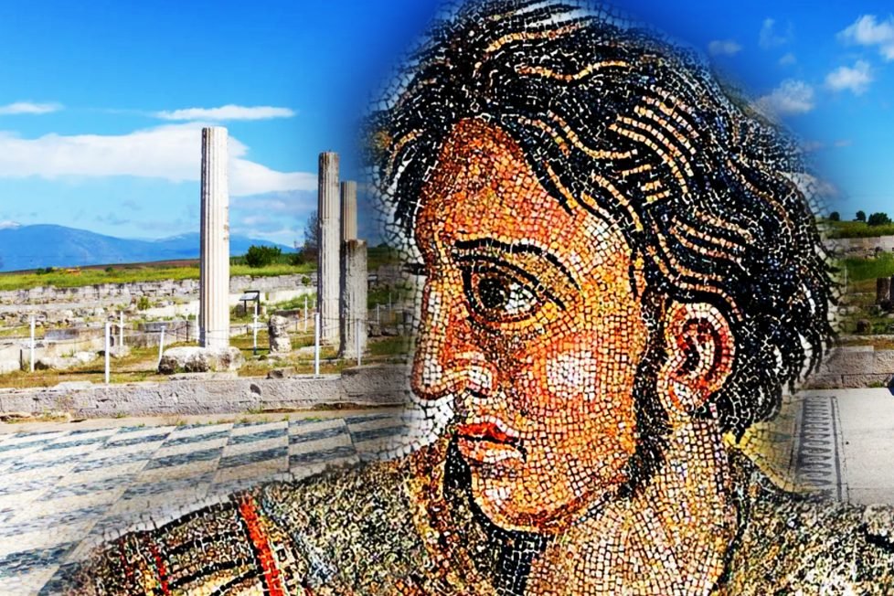 Composite image juxtaposing an ancient archaeological site with clear skies, tall pillars, and stone pathways against a detailed mosaic portrait of Alexander the Great with striking features, primarily focusing on the eyes and the curly hair. The vivid colors of the mosaic blend seamlessly with the natural hues of the ruins, creating a blend of history and artistry.