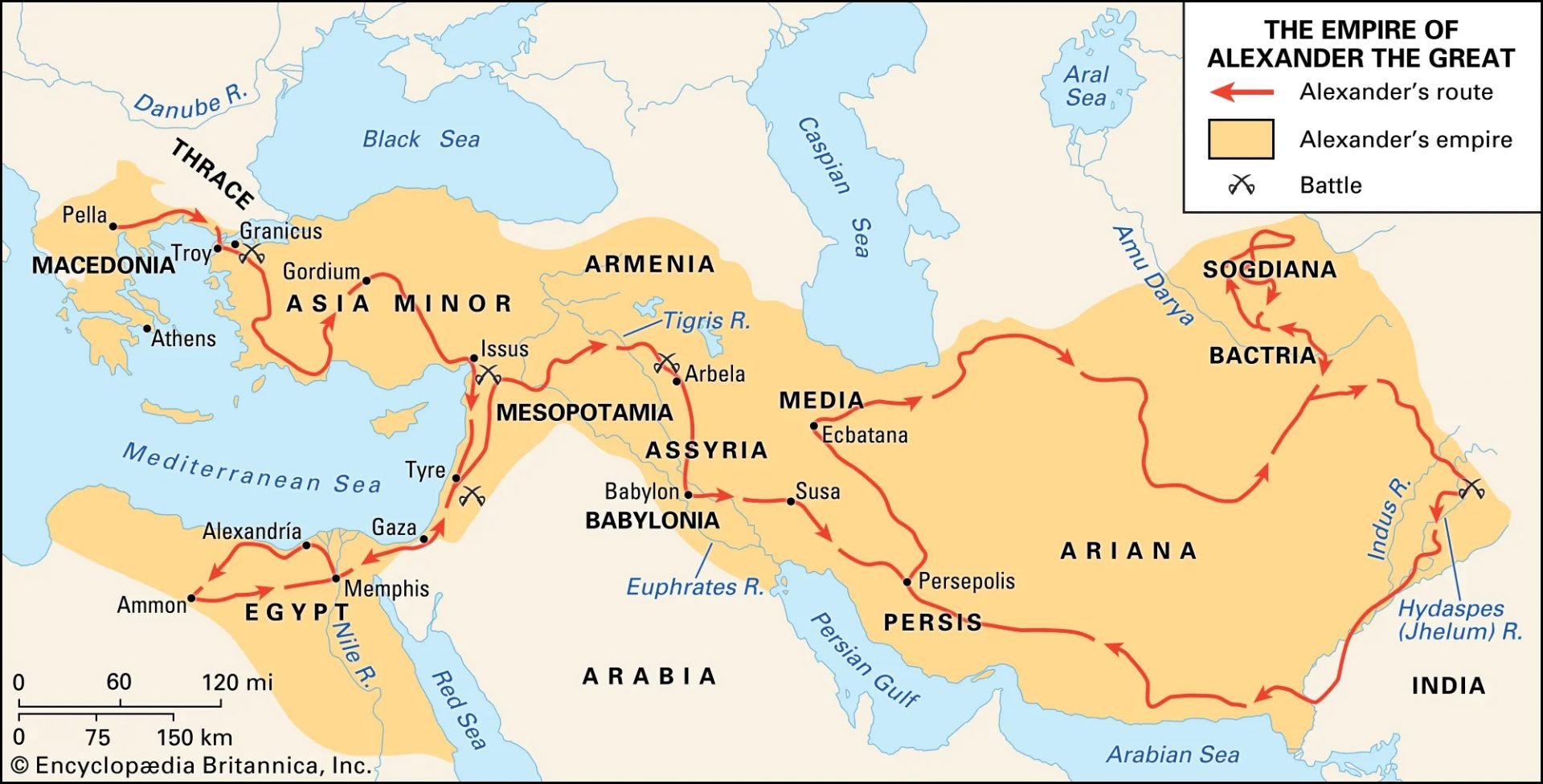 Map illustrating the vast empire of Alexander the Great, showcasing his conquests stretching from Macedonia and Greece through Asia Minor, Mesopotamia, Egypt, and reaching as far as India. Red arrows depict Alexander's route of conquest, while battles are indicated with cross symbols. Key locations such as Athens, Troy, Babylon, and Alexandria are labeled, with the extents of his empire shaded in yellow.