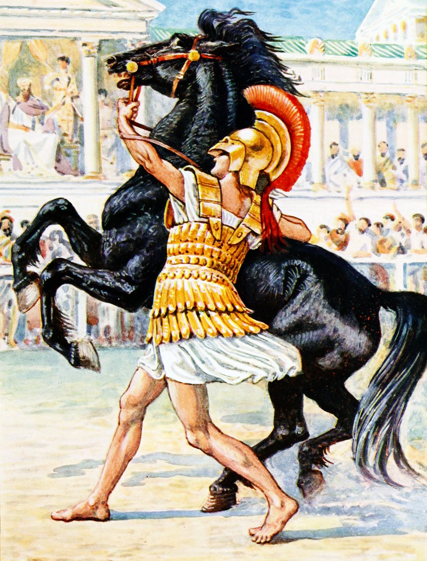 Vibrant illustration of Alexander the Great, adorned in golden armor and a red plume helmet, as he confidently tames a rearing black horse, Bucephalus, amidst a backdrop of ancient buildings and an attentive crowd.