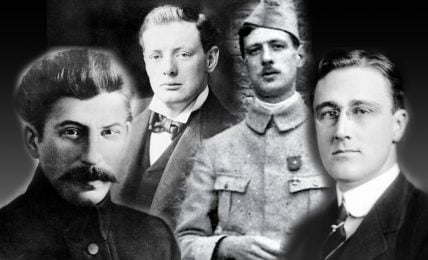 Composite image featuring portraits of Winston Churchill, Franklin Delano Roosevelt, Joseph Stalin, and Charles De Gaulle from their younger years.