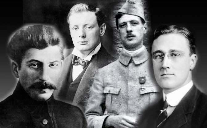 Composite image featuring portraits of Winston Churchill, Franklin Delano Roosevelt, Joseph Stalin, and Charles De Gaulle from their younger years.