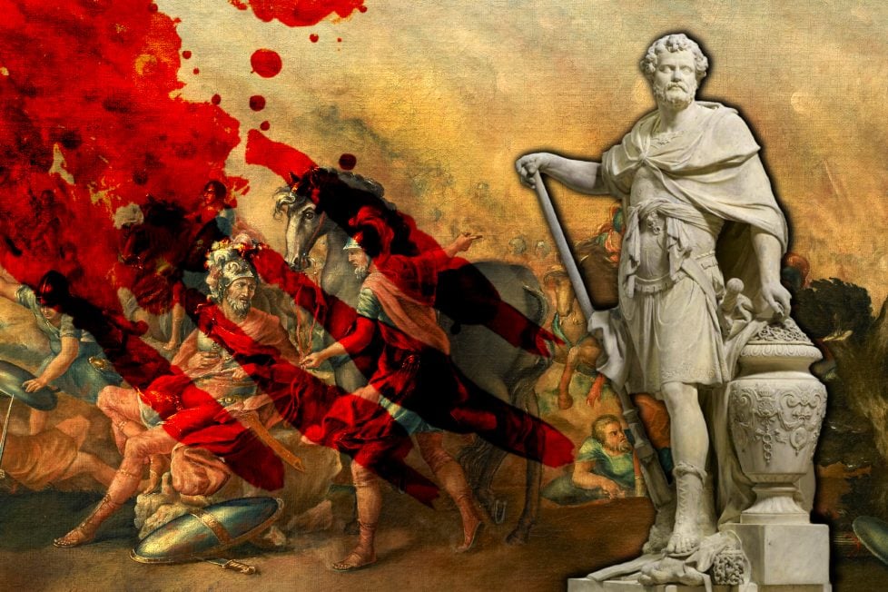 Dramatic composite image depicting the Battle of Cannae. On the left, a vivid painting captures the chaos and intensity of the battle, with Roman soldiers in red cloaks clashing with Carthaginian forces, splatters of red paint suggesting blood and violence. A prominent Roman soldier, possibly a commander, is in the center, distinguished by a grand headdress. To the right, a detailed white marble statue of Hannibal Barca stands prominently, poised with a staff, symbolizing his leadership and strategy. The backdrop has muted tones, contrasting with the vibrant action and the pristine statue.