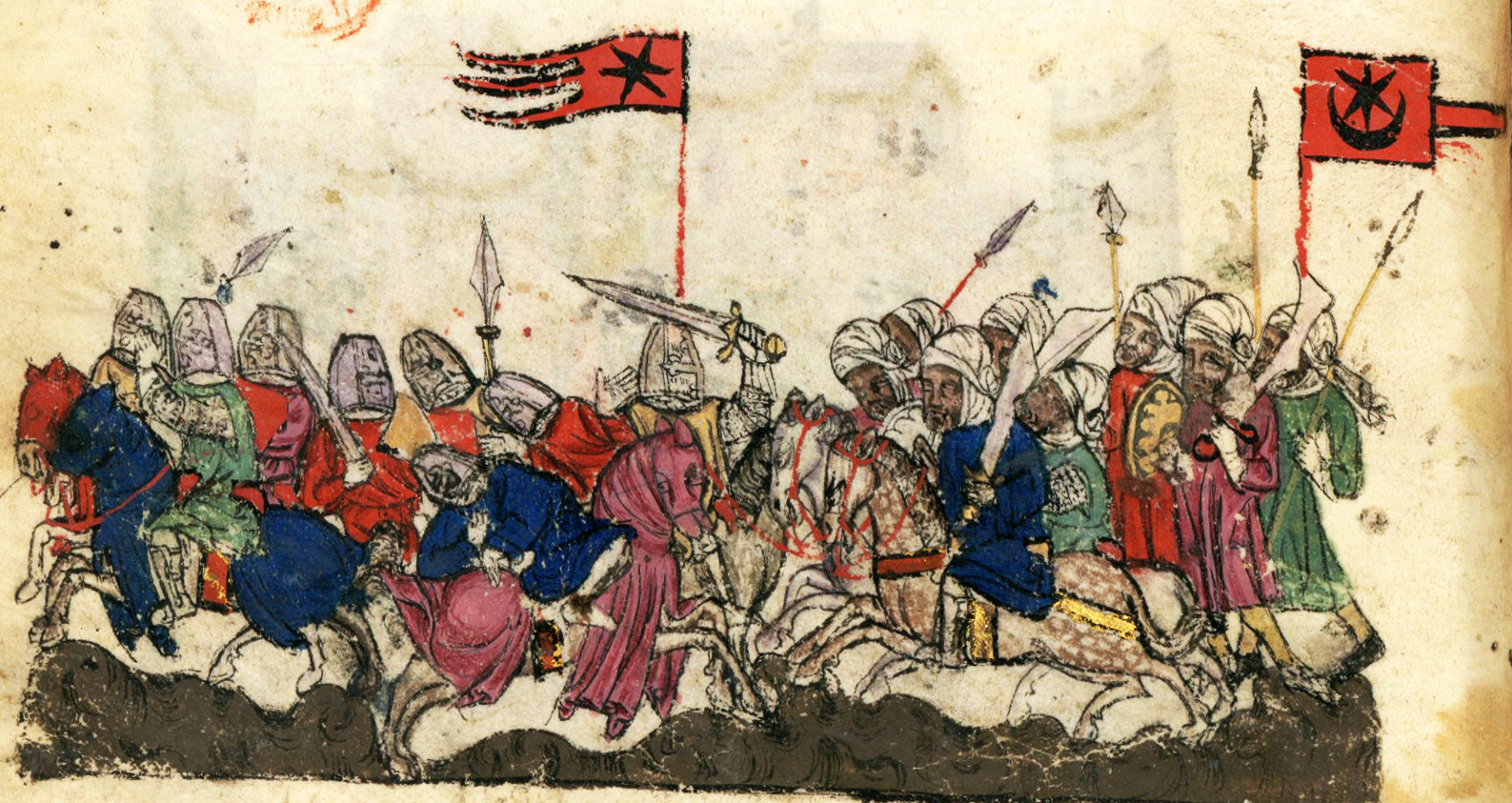14th-century manuscript illustration depicting the Battle of Yarmouk. Saracen warriors, identified by a star and crescent on their banners, face off against Byzantine soldiers dressed in Crusader armor, carrying flags adorned with a star. Both groups are shown in vibrant colors, engaged in intense combat, with intricately detailed armor and weapons.