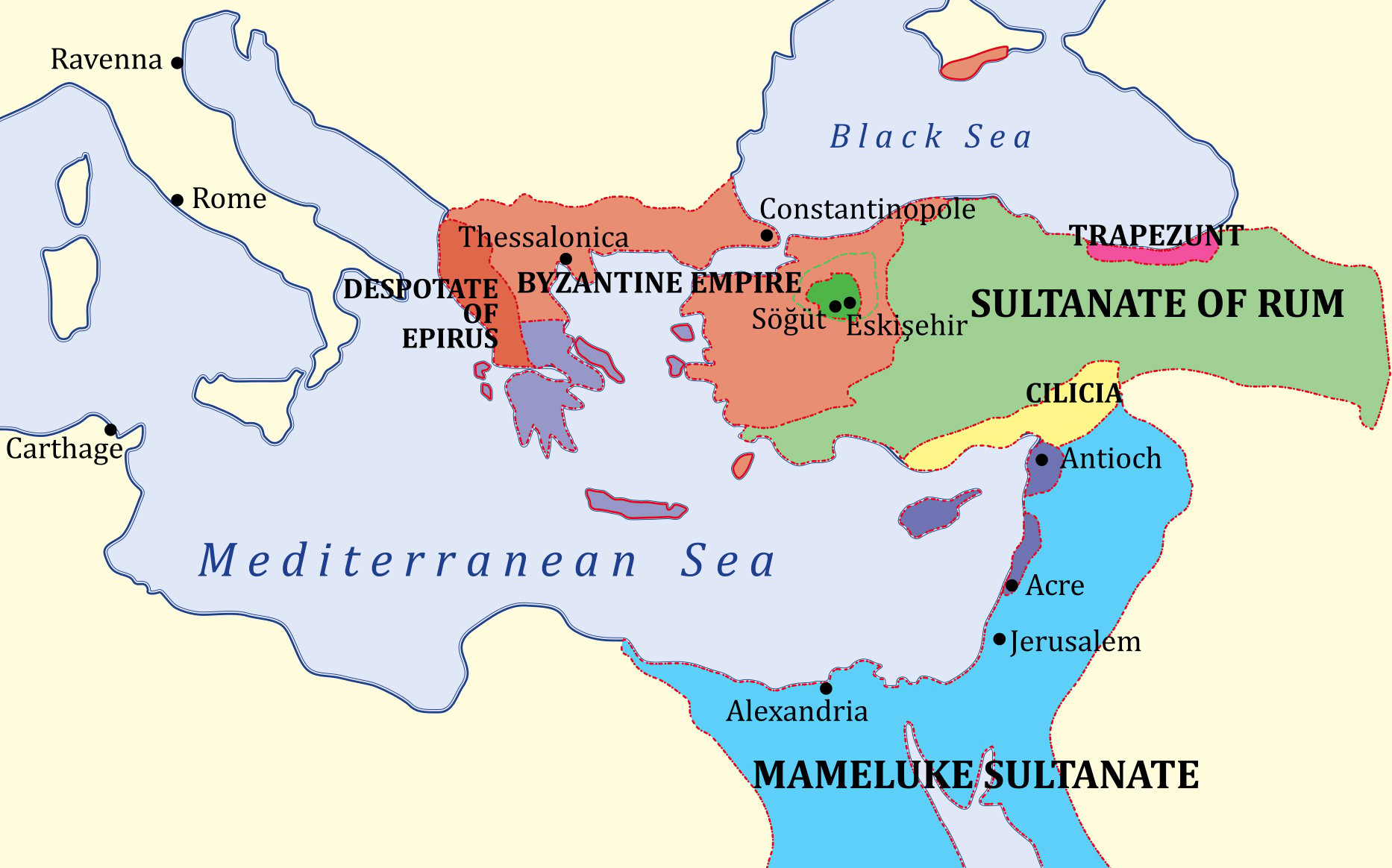 Map of Eastern Mediterranean c. 1263: The Byzantine Empire is in light red, the Despotate of Epirus in dark red, and the Ottoman Empire's domain by the 1300s in green, with dotted lines marking conquests up to 1326 CE. The Sultanate of Rûm is depicted in light green, the Armenian Kingdom of Cilicia in yellow, the Empire of Trebizond in magenta, minor Latin states in purple, and the Bahri dynasty of the Mamluk Sultanate in blue, encompassing Egypt and the Levant. Major cities and landmarks like Constantinople, Thessalonica, and the Mediterranean Sea are labeled.