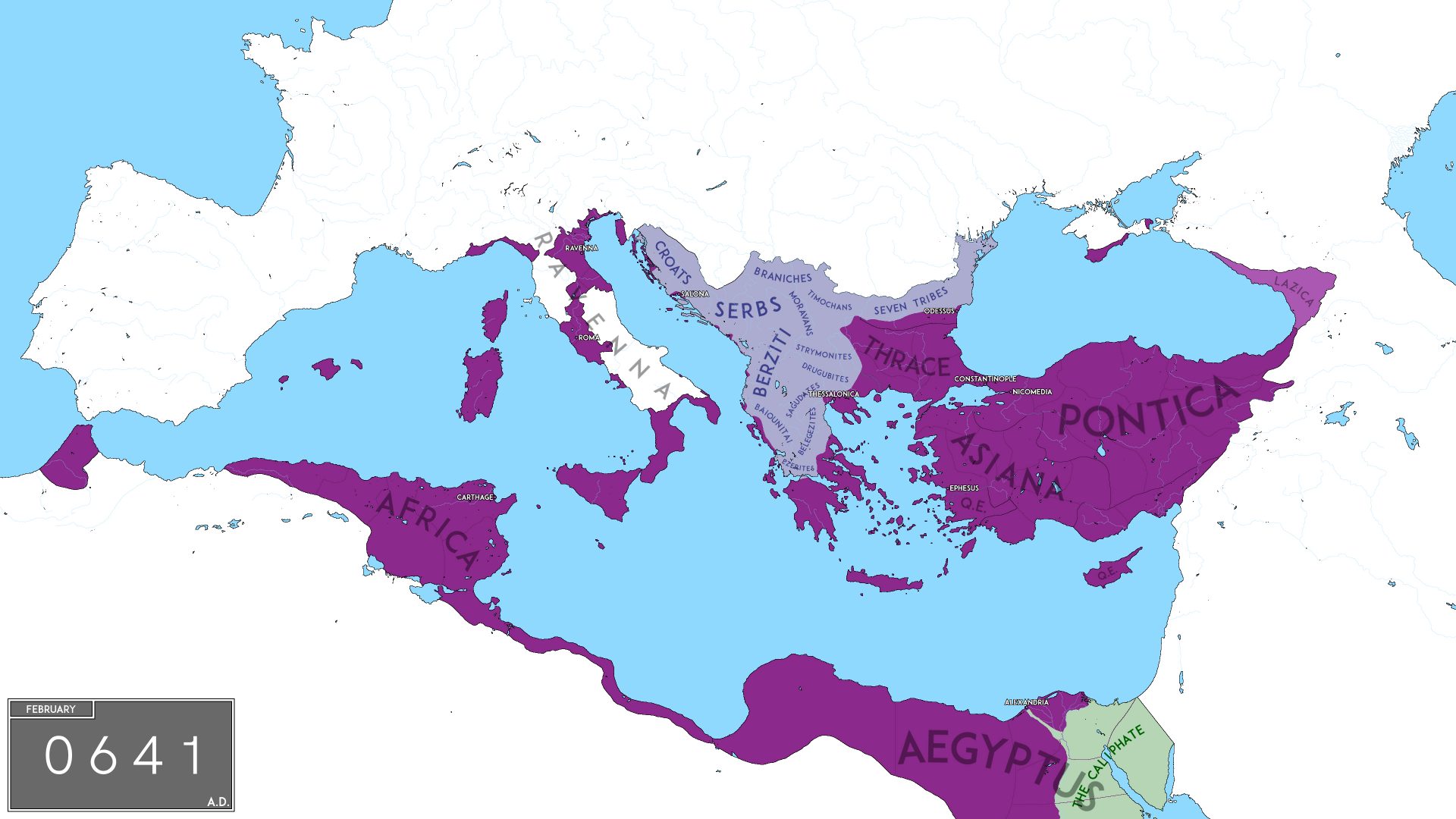 The image depicts a geographical map of the territories controlled by the Eastern Roman Empire, also known as the Byzantine Empire, under the Heraclian Dynasty. The regions under this empire's control are highlighted in purple. From the map, we can see that the Eastern Roman Empire's territories during this period spanned regions including parts of modern-day Italy, Greece, Turkey, Egypt, Israel, Lebanon, Syria, parts of northern Africa, and more. The label "0641 A.D." indicates that the map represents the state of the empire in the year 641 A.D., a pivotal time in Byzantine history. Various place names are labeled, such as "Ravenna," "Rome," "Constantinople" (modern-day Istanbul), "Thrace," "Pontica," "Asia," and "Africa." Additionally, the surrounding territories and tribes, like "Serbs" and "Berbers," are marked, providing context about neighboring entities and regions during this era. In the bottom right corner, a part labeled "AEGYPTU" (referring to Egypt) is depicted in a different color, indicating the emergence of the Arab Caliphate in the region, which was a significant geopolitical development during this period.