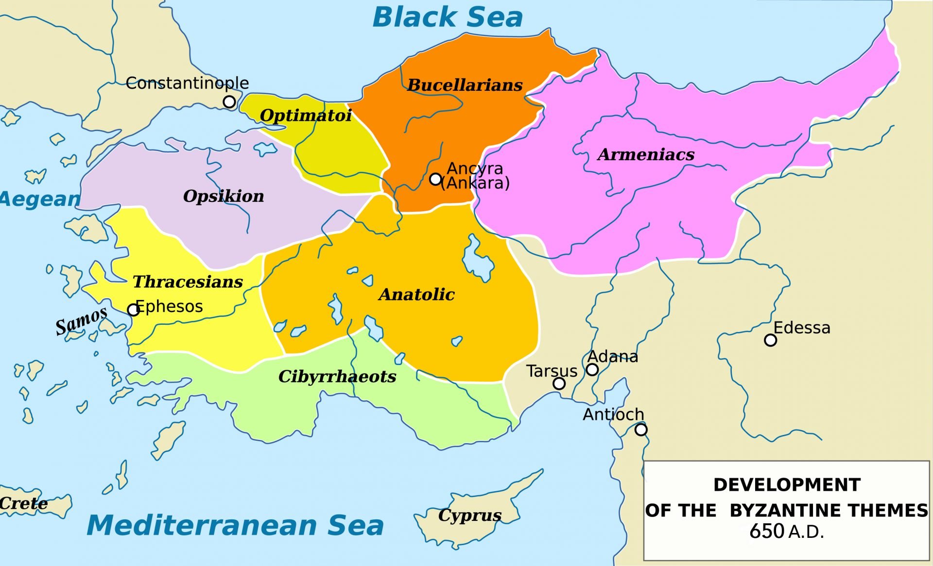 Colorful map showcasing the development of the Byzantine themes (administrative divisions) in 650 A.D. The regions are demarcated with various hues and labeled with names such as 'Opsikion,' 'Optimatoi,' 'Bucellarians,' 'Armeniacs,' and 'Anatolic.' Significant cities and geographical features like Constantinople, Ancyra (Ankara), Tarsus, Antioch, Edessa, and the Aegean and Mediterranean Seas are also pinpointed. The map is sourced from the US Military Academy History archives.