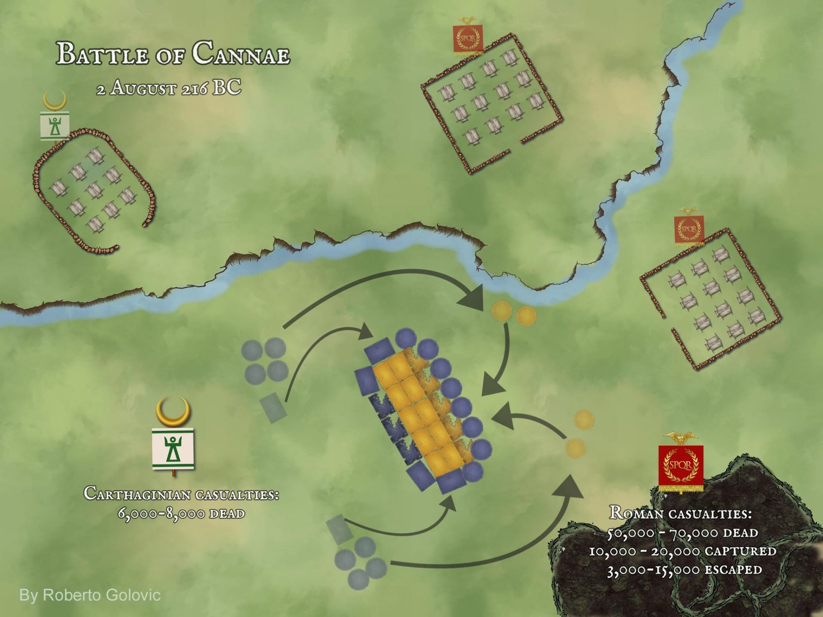 Illustrative depiction of the Battle of Cannae on 2nd August 216 BC, showing Carthaginian troops encircling the Roman forces, effectively trapping them. The strategic maneuver signifies a pivotal moment in the battle, emphasizing Carthage's tactical advantage.