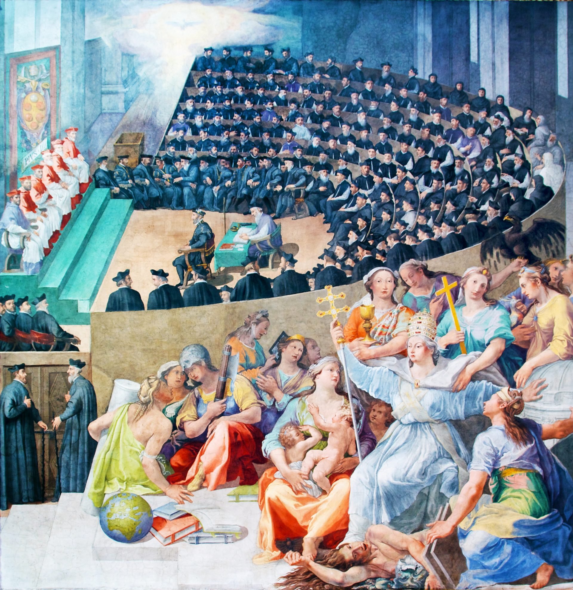 A detailed painting representing the Council of Trent. The top left section portrays a structured assembly of clerics and theologians, dressed in dark robes, seated in tiered rows, attentively focusing on the proceedings. A group of high-ranking church officials, dressed in bright red, occupy a prominent section, overseeing the assembly. Below them, to the left, smaller groups of clerics engage in discussions, with books and scrolls evident. On the right, a contrasting scene unfolds: ethereal figures, possibly allegorical representations or saints, are depicted in vibrant colors and draped in classical attire. They hold religious symbols like crosses and staves. Among them, a central female figure, adorned in a flowing robe, holds a golden cross aloft. Surrounding her, other figures display various expressions of reverence, devotion, and inspiration. Objects like a globe and books are scattered in the foreground, symbolizing knowledge and the universality of the church.