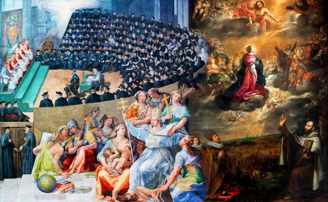 A detailed painting juxtaposing two significant religious events. On the left, the Council of Trent unfolds in a grand hall where numerous clerics and theologians sit in rows, attentively watching a central discussion table. Overhead, high-ranking church officials in ornate robes observe the scene. In the right portion, a celestial depiction commemorates the Catholic triumph with Our Lady of Victory elevated amidst clouds and surrounded by saints. Beneath her, a chaotic battle ensues, while in the foreground, Emperor Ferdinand II and his son, Ferdinand III, are prominently displayed among other figures, symbolizing their role in the Catholic victory. The painting is rich in color and intricate details, capturing both historical and divine themes.