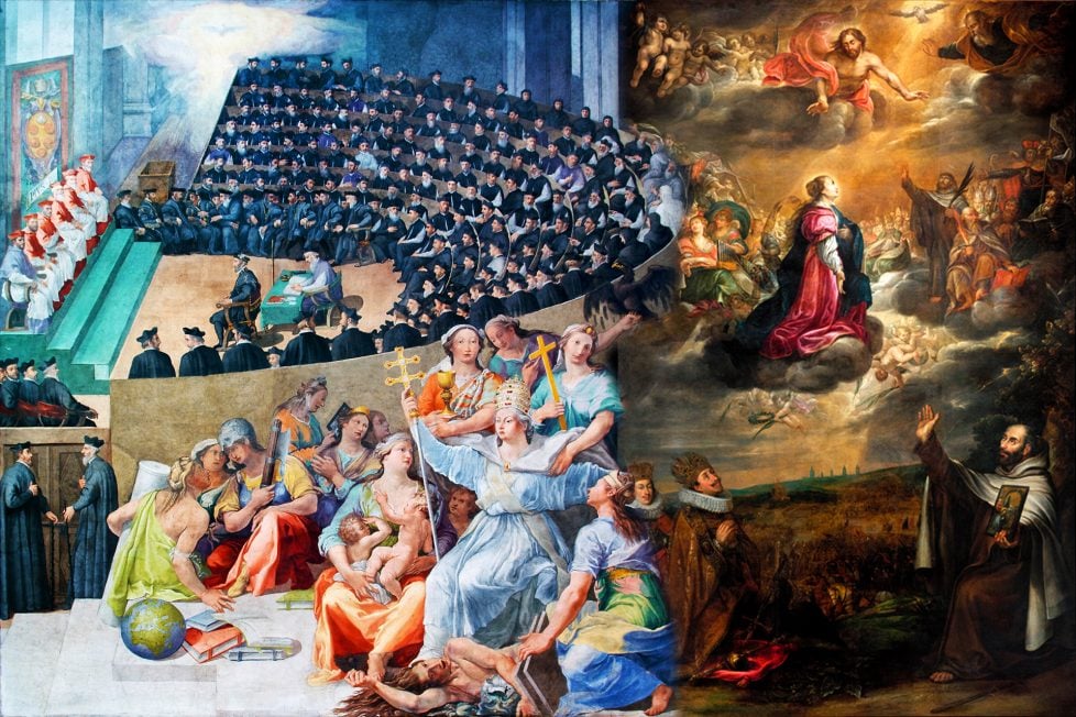 A detailed painting juxtaposing two significant religious events. On the left, the Council of Trent unfolds in a grand hall where numerous clerics and theologians sit in rows, attentively watching a central discussion table. Overhead, high-ranking church officials in ornate robes observe the scene. In the right portion, a celestial depiction commemorates the Catholic triumph with Our Lady of Victory elevated amidst clouds and surrounded by saints. Beneath her, a chaotic battle ensues, while in the foreground, Emperor Ferdinand II and his son, Ferdinand III, are prominently displayed among other figures, symbolizing their role in the Catholic victory. The painting is rich in color and intricate details, capturing both historical and divine themes.