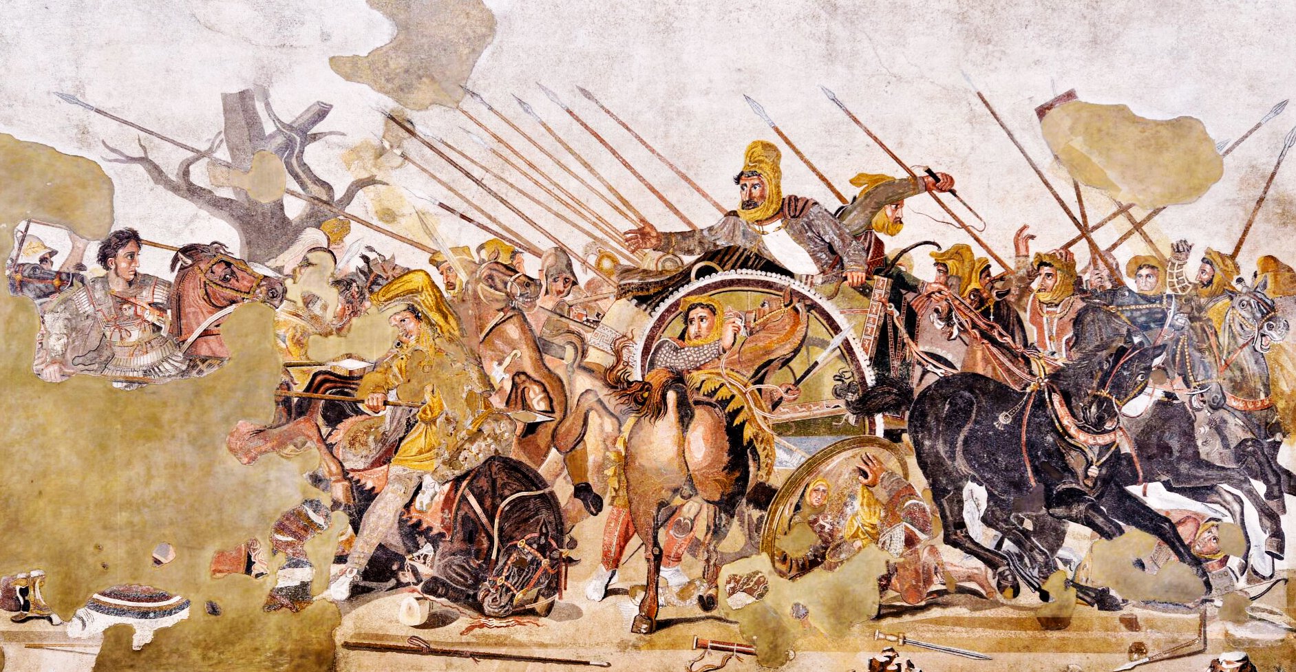 An ancient fresco depicting a heated battle between the forces of Darius and Alexander. Vibrantly colored soldiers on horseback engage in combat, with spears and arrows flying through the air. Prominent figures, possibly representing the leaders, are seen at the center, with Darius on a chariot and Alexander on a horse on the left. The scene captures the intensity and chaos of ancient warfare.