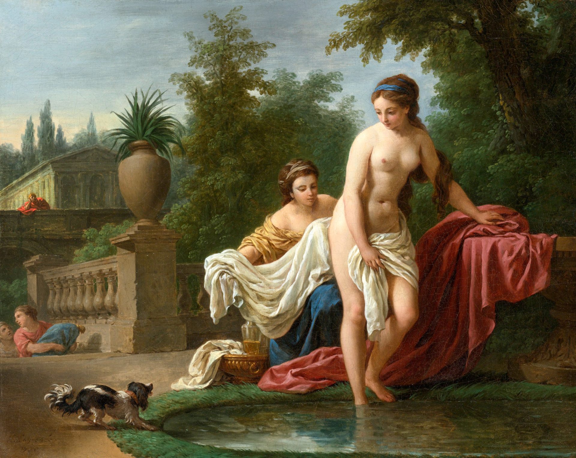 A serene painting by Louis-Jean-François Lagrenée from 1770 titled 'David and Bathsheba'. The artwork portrays Bathsheba, a beautiful woman with flowing hair, standing near a water's edge, her delicate form modestly draped in white fabric. Beside her sits a maidservant in golden attire, attentively handing her a garment. In the background, King David is observing her from far, near a grand, classical structure with ornate pillars. A small dog, excitedly splashing water, adds life to the tranquil scene. Lush trees and foliage frame the composition, creating a sense of privacy and intimacy.