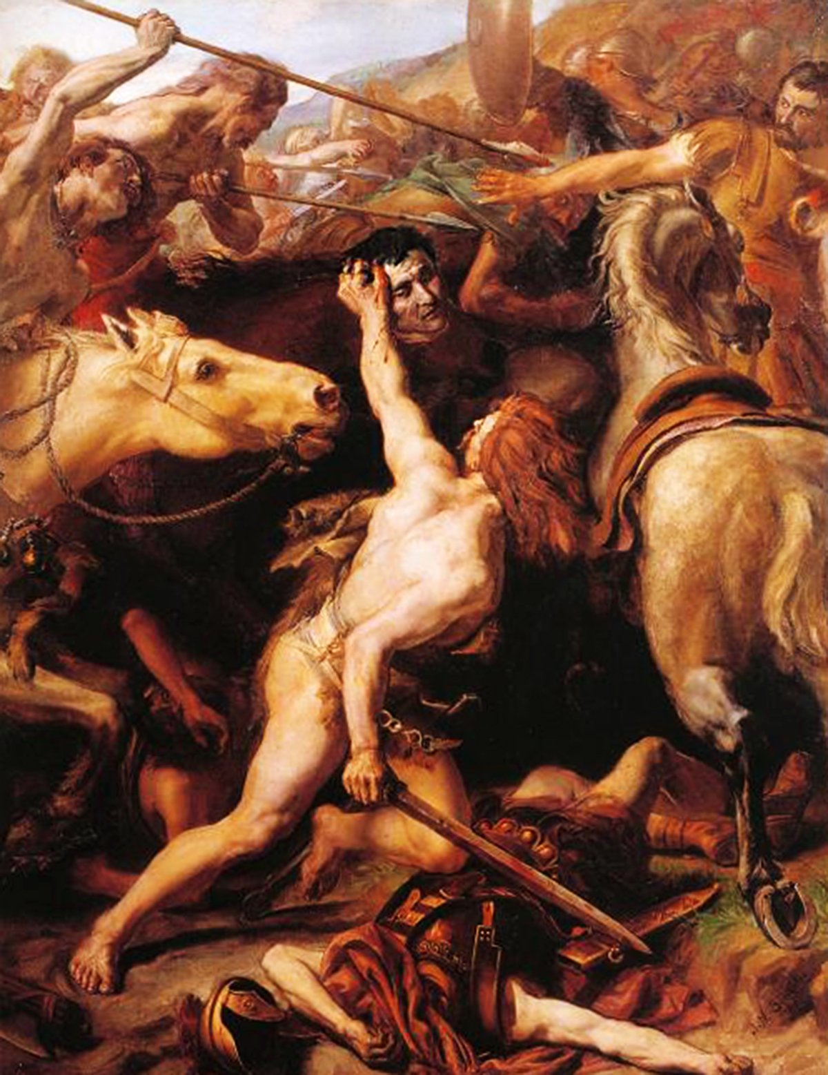 Dramatic painting depicting Ducarius beheading Flaminius during the Battle of Lake Trasimene, surrounded by intense combat, warriors, and rearing horses, with fallen equipment and weapons scattered about.