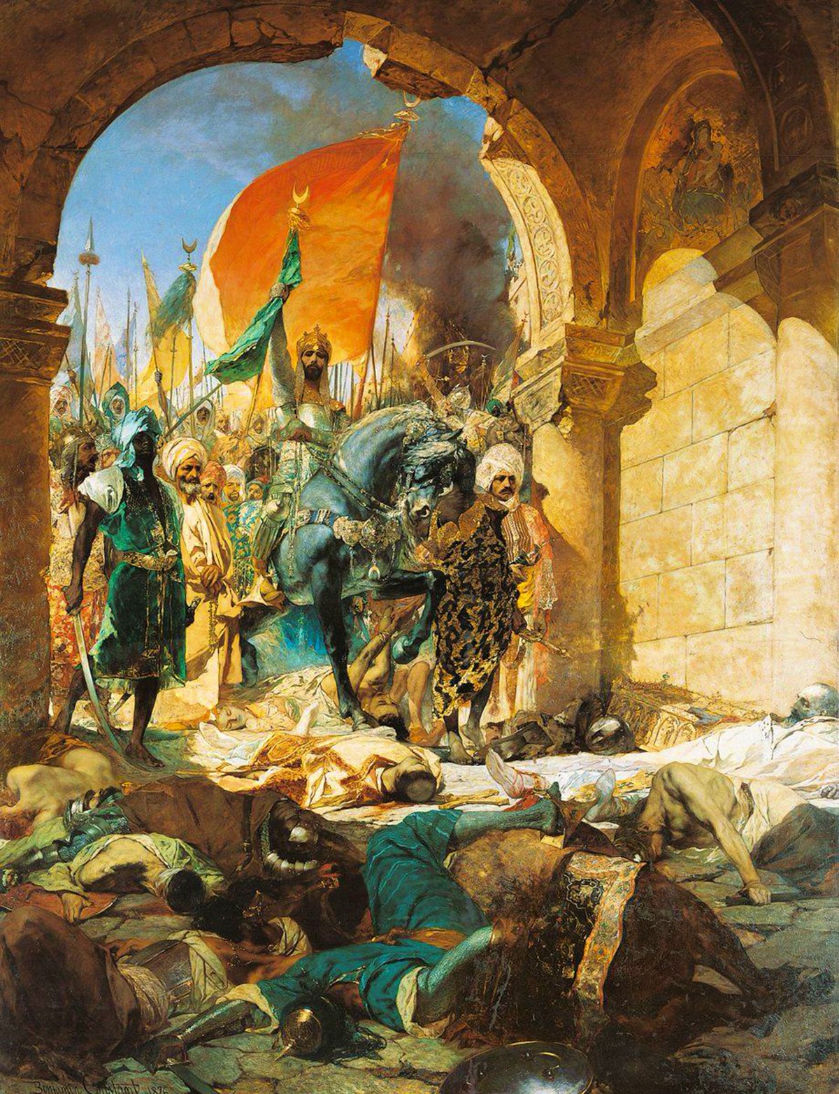 A vivid painting depicting the triumphant entry of Sultan Mehmed II into Constantinople. The sultan, mounted on a decorated horse, is prominently featured in the center, holding aloft a large red flag adorned with a crescent moon. He is surrounded by his diverse entourage of soldiers, officials, and standard bearers displaying various banners. The setting is an ornate archway of the city's gates, with architectural details and remnants of Christian artwork. The aftermath of the conquest is evident, with fallen soldiers, debris, and smoke in the background, highlighting the dramatic change of power and era in the city's history.