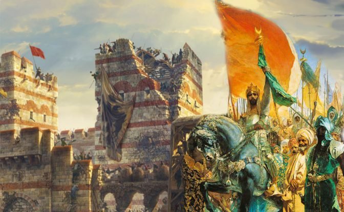 A dramatic depiction of Mehmet II, prominently mounted on a decorated horse, leading his troops during the fall of Constantinople. The city's defenses are under siege with soldiers scaling ladders. In the forefront, the victorious Ottoman army advances, waving their emblematic flags, with the iconic large red banner with a crescent being prominently displayed against a backdrop of a sky filled with clouds.