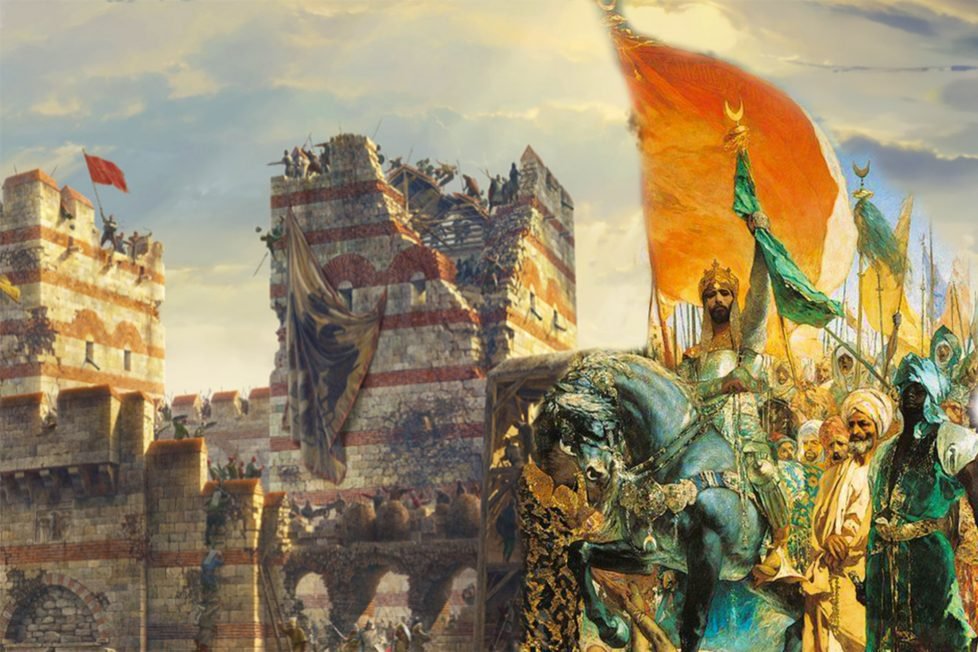 A dramatic depiction of Mehmet II, prominently mounted on a decorated horse, leading his troops during the fall of Constantinople. The city's defenses are under siege with soldiers scaling ladders. In the forefront, the victorious Ottoman army advances, waving their emblematic flags, with the iconic large red banner with a crescent being prominently displayed against a backdrop of a sky filled with clouds.