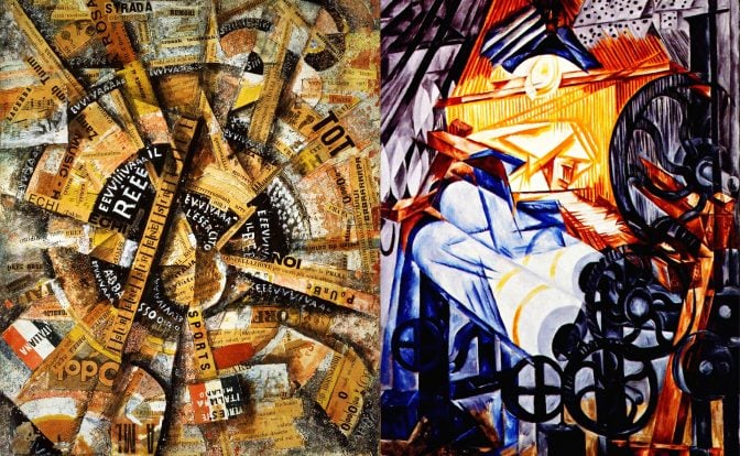 Left image: 'Interventionist Demonstration (Patriotic Holiday – Free Word Painting)' by Carlo Carrà displays a chaotic collage of fragmented text, newspaper clippings, and abstract shapes, creating a sense of movement and agitation. Right image: 'The Weaver' by Natalia Goncharova, 1913, features a dynamic and angular portrayal of machinery and geometric patterns, with vibrant shades of blue, orange, and white, capturing the essence and momentum of the Futurist art movement.