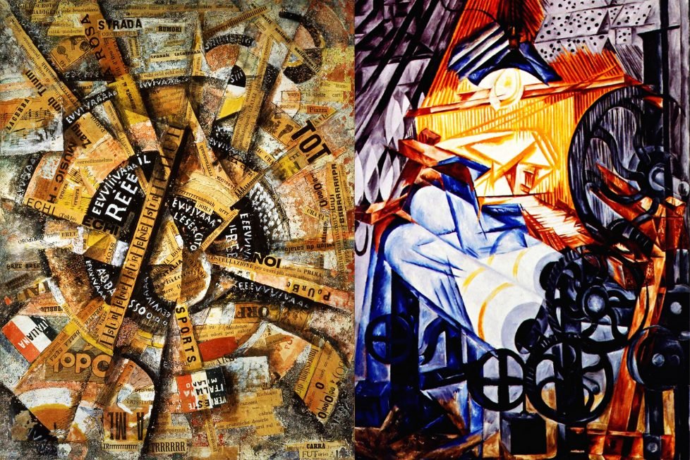 Left image: 'Interventionist Demonstration (Patriotic Holiday – Free Word Painting)' by Carlo Carrà displays a chaotic collage of fragmented text, newspaper clippings, and abstract shapes, creating a sense of movement and agitation. Right image: 'The Weaver' by Natalia Goncharova, 1913, features a dynamic and angular portrayal of machinery and geometric patterns, with vibrant shades of blue, orange, and white, capturing the essence and momentum of the Futurist art movement.