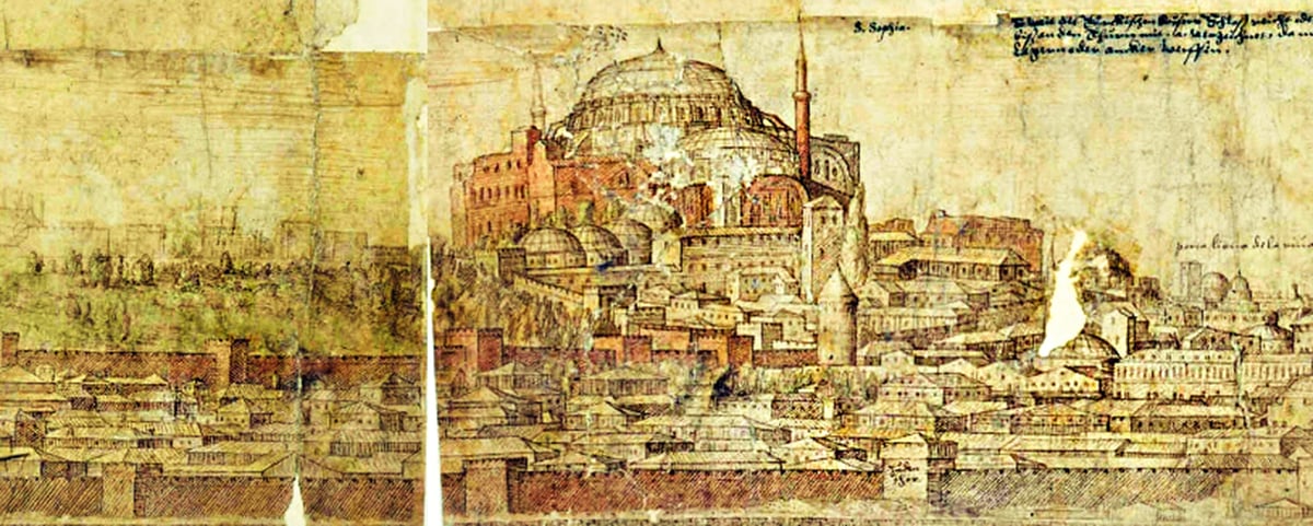 A historic, panoramic sketch from 1559 by Melchior Lorichs showcasing the iconic Hagia Sophia in Constantinople after its conversion to a mosque. The detailed drawing presents the grand structure with its prominent dome and minarets amidst a sprawling urban landscape. Surrounding buildings, streets, and distant figures give a sense of scale and context, while the patina and wear of the paper add to the artwork's antiquity. Notations and annotations, possibly in an old script, are visible in various sections, providing context and landmarks within the cityscape.