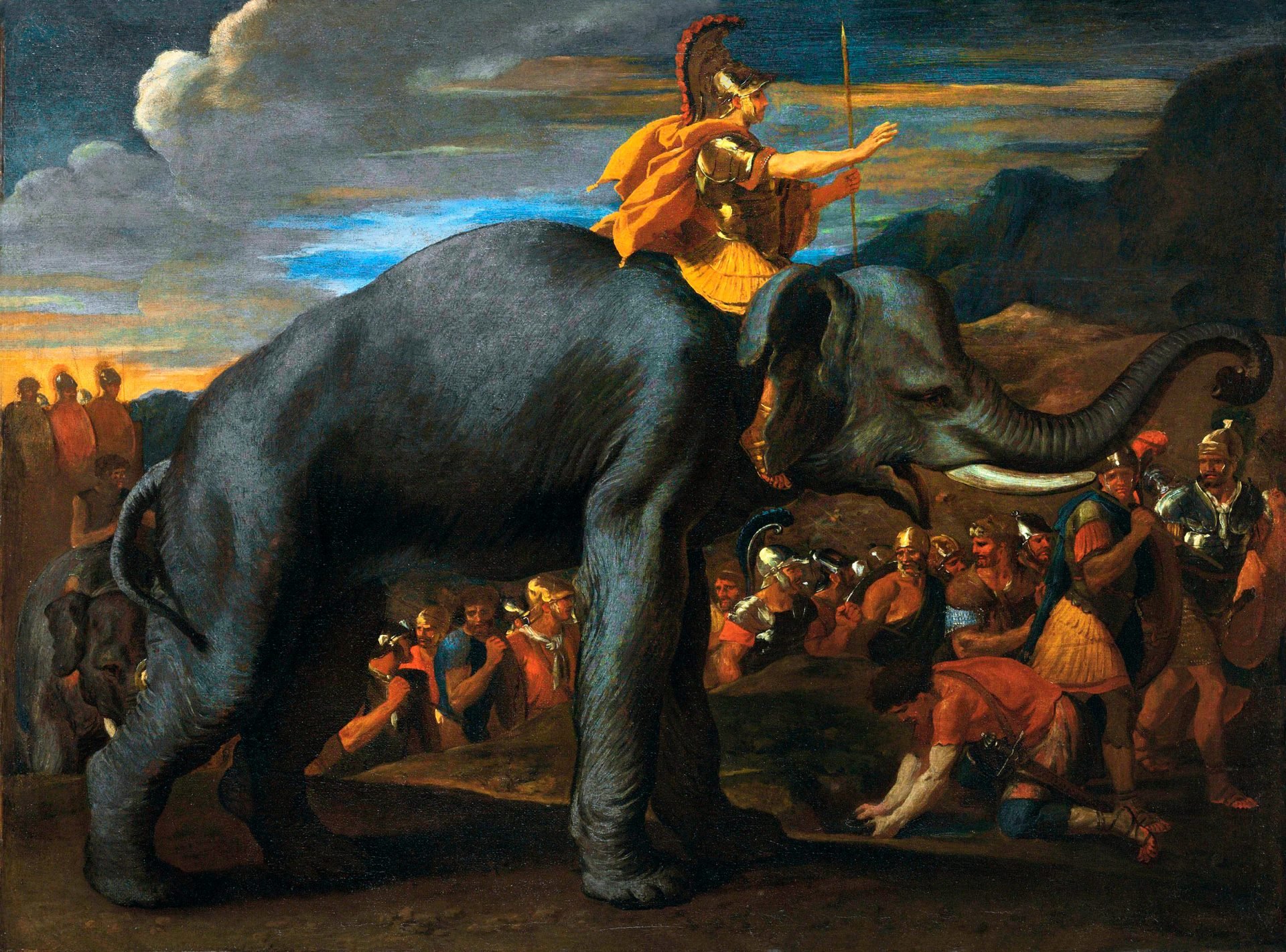 Dramatic painting by Nicolas Poussin depicting Hannibal, adorned in armor and a golden cape, confidently leading his troops while riding atop a massive elephant. Soldiers, some in awe and others struggling, accompany him amidst a rugged mountainous landscape, with a moody sky overhead suggesting the challenges faced during the legendary crossing of the Alps.