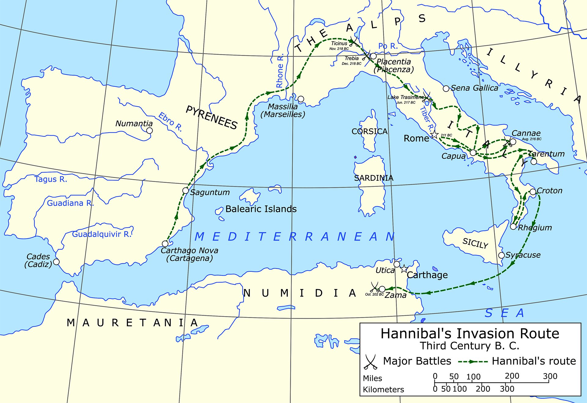 Map illustrating Hannibal's invasion route in the Third Century B.C. across the Mediterranean, Europe, and North Africa, with major battles marked along the way.