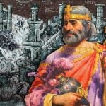 A detailed artistic representation of Heraclius, a Byzantine emperor. He is depicted with a stern expression, a flowing gray beard, and adorned in regal attire with a golden crown and scepter. To his left, there's a vivid portrayal of Constantinople, showing stone structures and towers amidst smoky turmoil, hinting at the chaos of siege. In the forefront, Heraclius holds a decorative helmet with rich crimson plumage, symbolizing his military role.