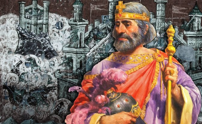 A detailed artistic representation of Heraclius, a Byzantine emperor. He is depicted with a stern expression, a flowing gray beard, and adorned in regal attire with a golden crown and scepter. To his left, there's a vivid portrayal of Constantinople, showing stone structures and towers amidst smoky turmoil, hinting at the chaos of siege. In the forefront, Heraclius holds a decorative helmet with rich crimson plumage, symbolizing his military role.