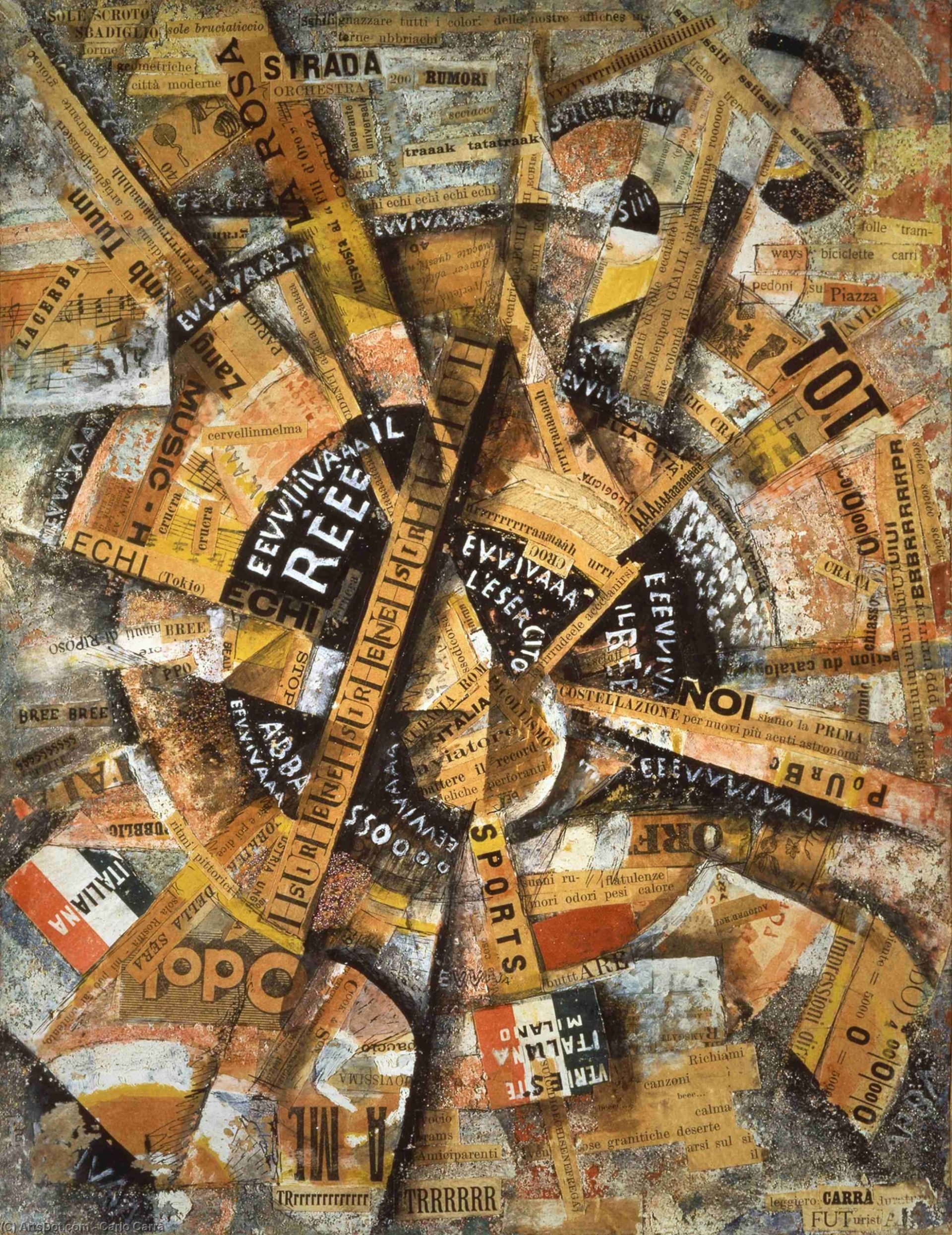 An artwork titled 'Interventionist Demonstration (Patriotic Holiday – Free Word Painting)' by Carlo Carrà from 1914 showcases the dynamism of Futurism. The central composition resembles an airplane propeller. Radiating outwards are myriad pasted and painted words, reminiscent of a cacophony of voices in a crowd. The collage includes snippets from ads, Futurist poems, and news articles, interspersed with two vibrant Italian flags and hand-inscribed slogans that praise the Italian military and monarchy while denouncing Austria.