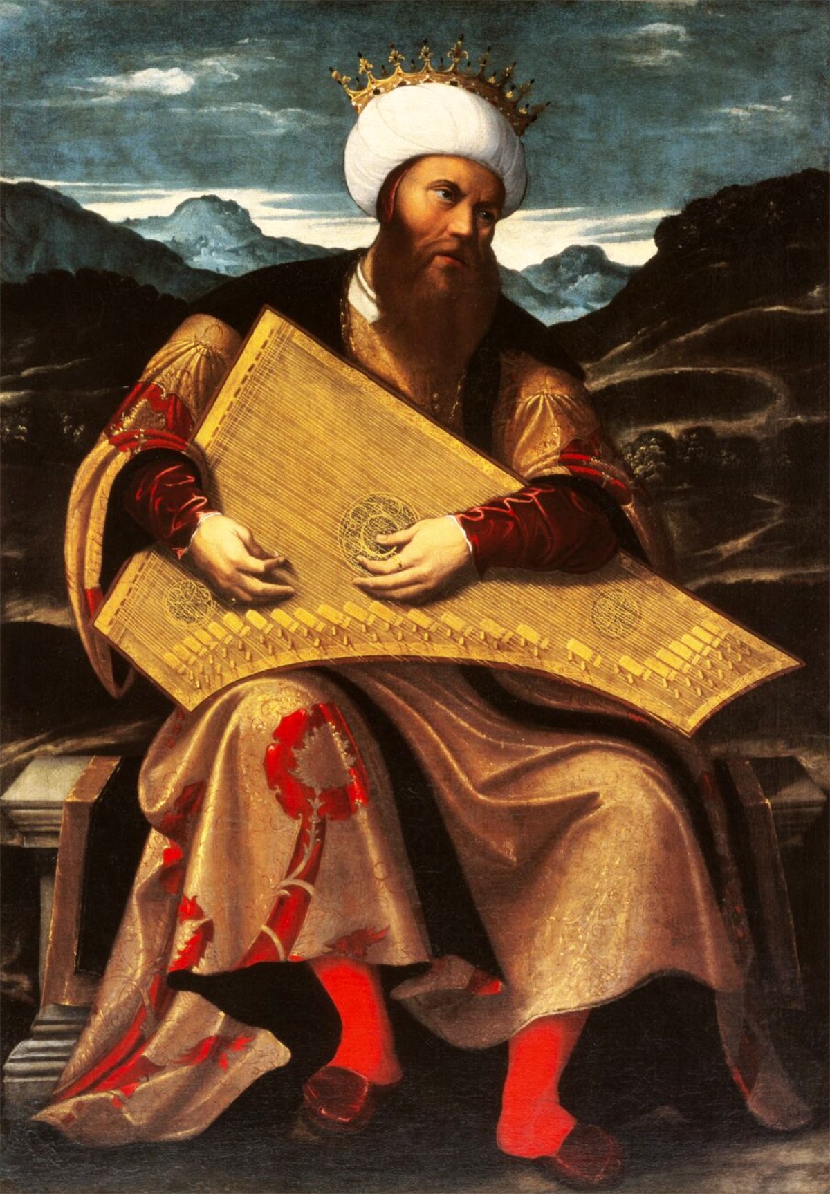 A striking portrait from the period 1540-50 by Girolamo da Santa Croce titled 'King David'. The central figure, King David, is depicted in rich, regal attire with a crown atop a white turban, highlighting his majestic status. He holds a large, ornate zither, symbolizing his role as a psalmist. His focused gaze is directed away from the viewer, suggesting a moment of contemplation or perhaps inspiration for his next psalm. The dark, dramatic background showcases a rugged mountainous landscape under a stormy sky, creating a contrast with the luminous and detailed depiction of the king. David's robe shimmers with golden embroideries and the bright red of his undergarments peeks out, further emphasizing the lavishness of the scene.