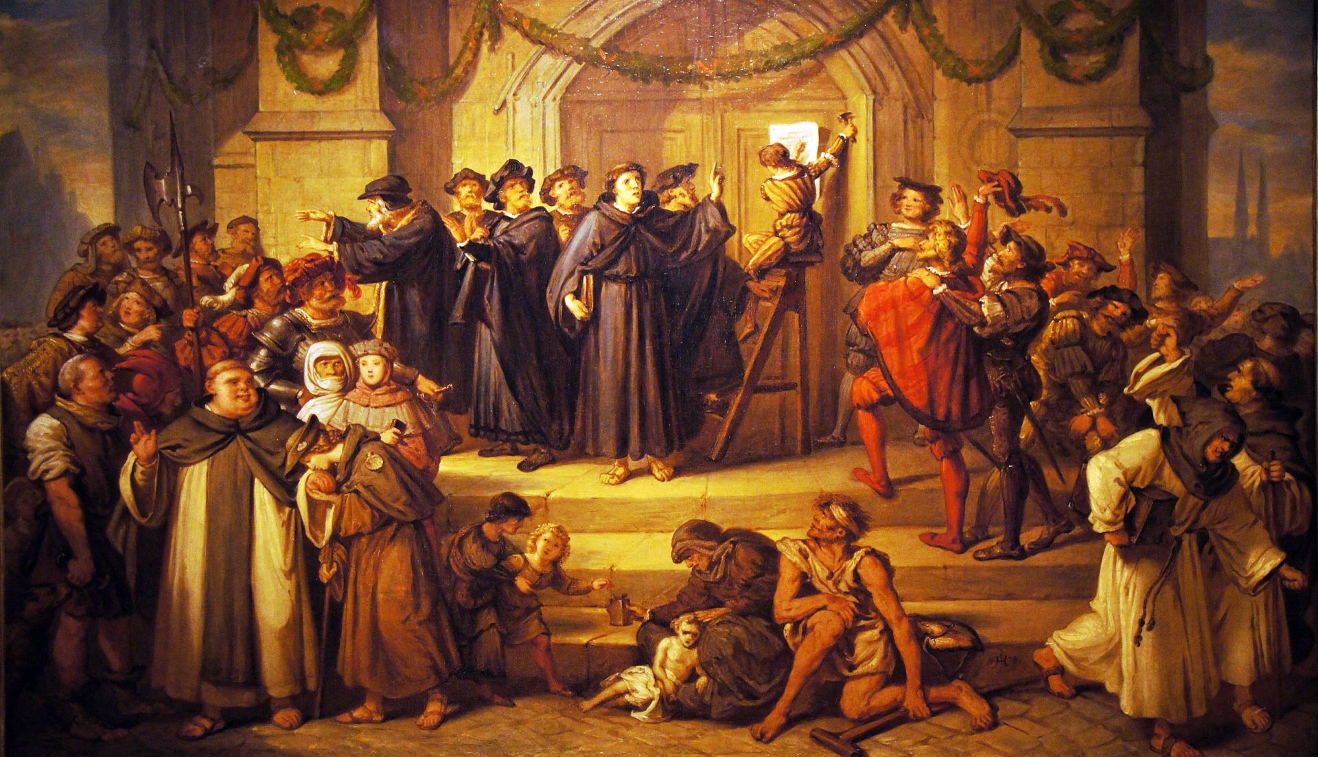 A detailed painting depicting the historic moment when Martin Luther is nailing his 95 Theses to the door of a church in Wittenberg in 1517. The scene is bustling with various figures, including clergy, townsfolk, and soldiers, all reacting to Luther's actions with a mix of surprise, approval, and disdain.