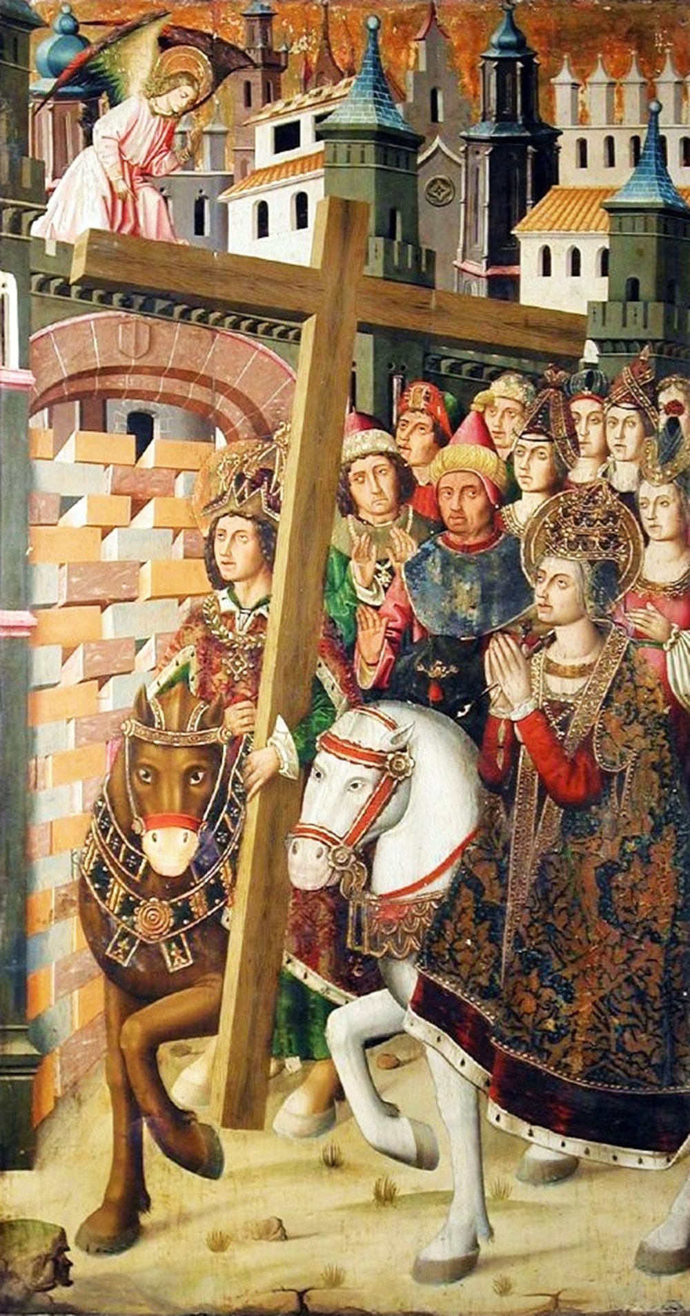 An intricate painting by Miguel Ximénez from 1483-7 depicting Saint Helena and Emperor Heraclius, adorned in royal garments, carrying the Holy Cross to Jerusalem. The scene showcases a richly detailed cityscape in the background with multicolored buildings and spires. An angel hovers above, guiding their way, while a group of nobles and clergy watches in reverence. Two majestic horses stand by their side, with one carrying the cross.
