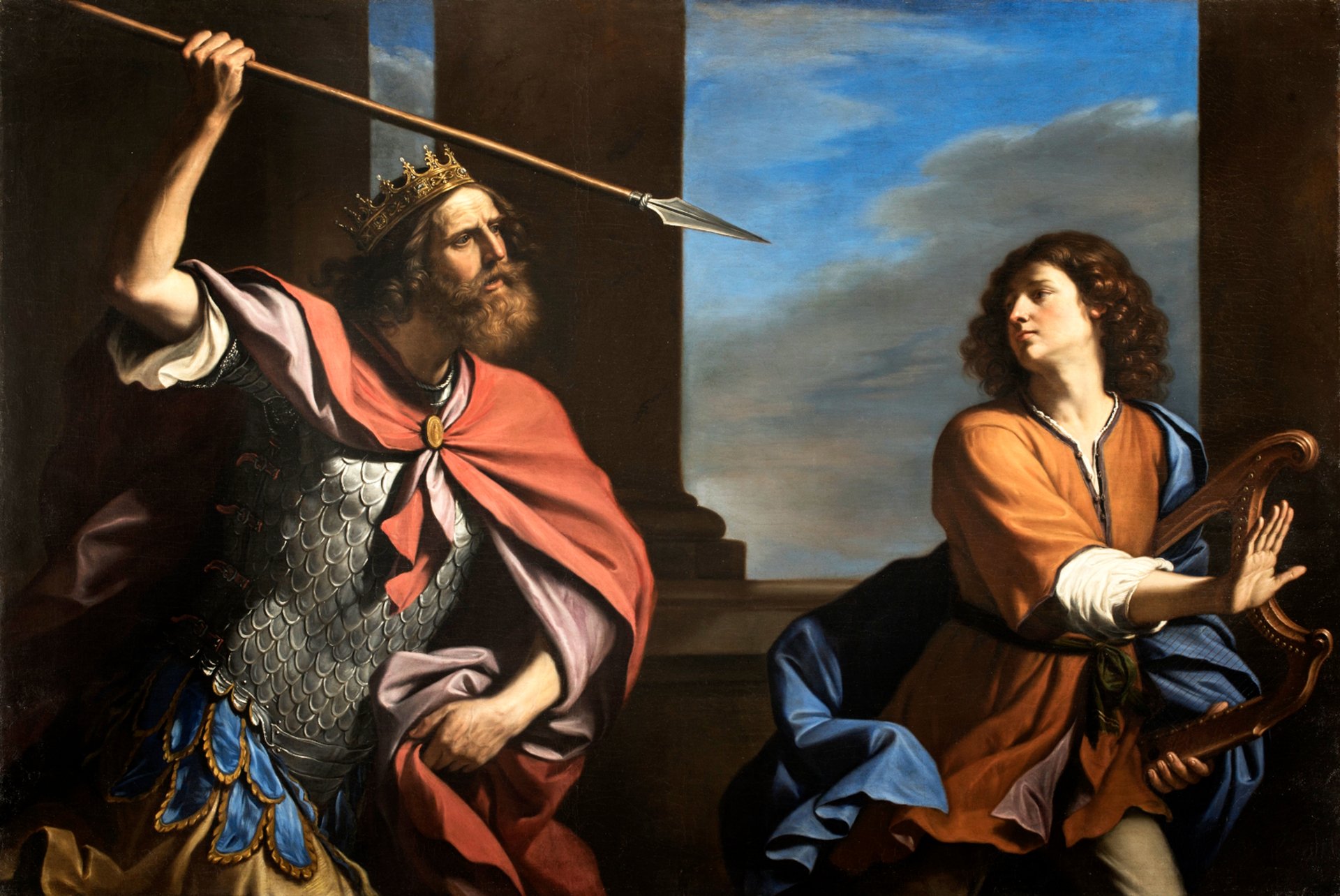 An evocative painting from 1646 by Guercino titled 'Saul Tries to Kill David with His Spear'. The scene portrays a tension-filled moment as King Saul, with an expression of fury, lunges forward with a spear aimed at David. David appears alarmed and agile, attempting to dodge the attack. The backdrop is shadowy, with muted tones, highlighting the dramatic action and emotional intensity of the foreground. The masterful brushwork captures the urgency and turbulence of the biblical narrative.