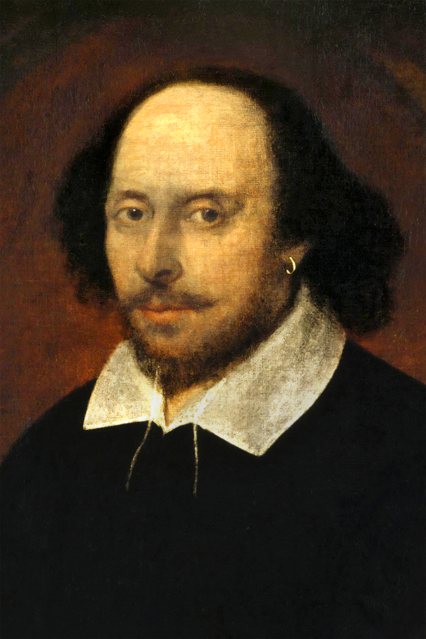 A detailed portrait of William Shakespeare, depicting him with a high forehead, prominent brown eyes, and a trimmed beard. He wears a white collar and a black coat. An earring dangles from his left ear. The background is a muted brown, focusing attention on his contemplative expression.