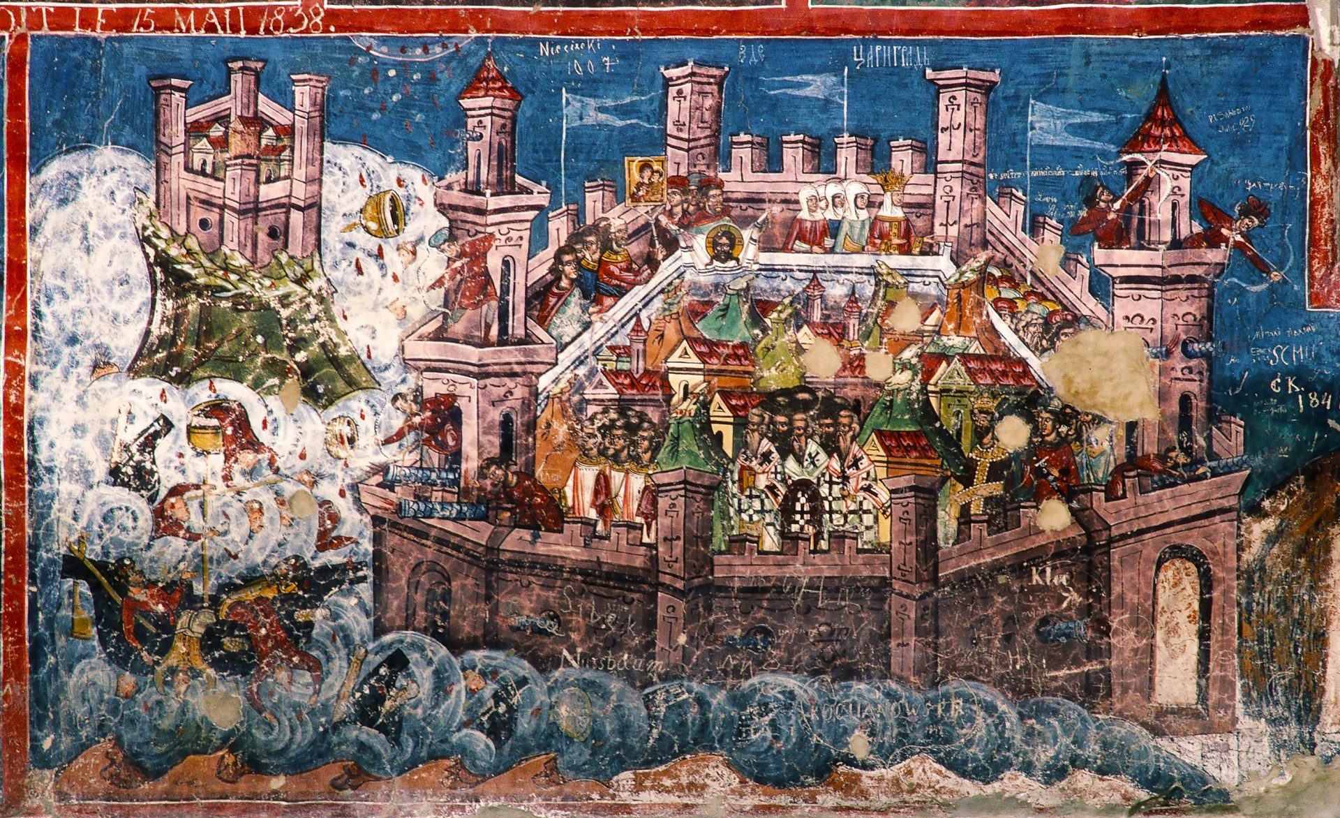 Detail of a fresco depicting the Siege of Constantinople, showcasing vibrant colors with a fortified city surrounded by turbulent waters, numerous soldiers, and flying angels. Historic date inscriptions and Orthodox Christian iconography are interwoven into the artwork, all set against a richly painted backdrop. Located at Moldovița Monastery in Romania