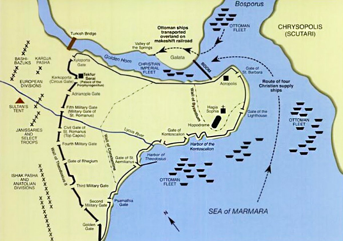 A detailed map illustrating the Siege of Constantinople in 1453. The map showcases the strategic positions of both the Ottoman and Christian forces. Key landmarks like the Golden Horn, Bosphorus, and Sea of Marmara are labeled. The city's walls are marked with various gates such as the Golden Gate and Adrianople Gate. The positions of the Ottoman troops, including the Janissaries, are indicated with cross symbols, while naval positions of both the Ottoman fleet and Christian Imperial fleet are represented with ship icons. Notably, a section denotes the path where Ottoman ships were transported overland on a makeshift railroad. The famous Hagia Sophia is also marked within the city's boundaries.