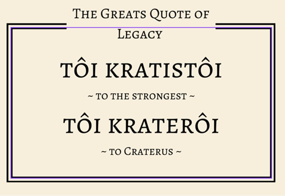 An image titled 'The Great's Quote of Legacy', displaying two Greek phrases in bold font. The first phrase, 'ΤΌΙ ΚΡΑΤΙΣΤΌΙ', is translated below as 'To the Strongest'. The second phrase, 'ΤΌΙ ΚΡΑΤΕΡΟΊ', is translated as 'To Craterus'. Both translations are framed by a double-lined rectangle.