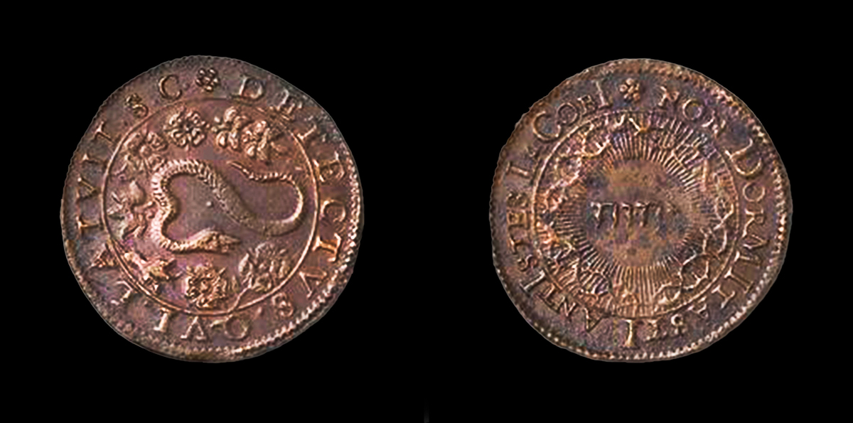 Two sides of the "Unmasking the Gunpowder Plot Coin" from 1605 are displayed. The left side showcases an intricately detailed serpent amidst floral motifs, with inscriptions encircling the coin's edge. The right side features a central emblem surrounded by text and additional design elements, but the serpent and flower are most prominent on the left. The coin's patina suggests age, and the overall design is indicative of early 17th-century artistry.