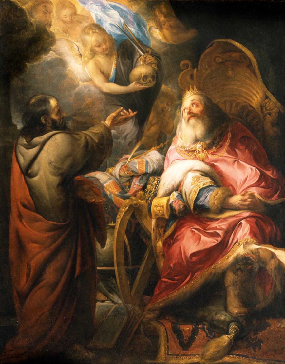 A captivating painting from 1650 by an unknown Flemish artist titled 'The Repentant King David'. The scene portrays King David, adorned in opulent regal attire, seated on a golden throne. He looks up with a remorseful expression, captivated by an angelic figure above him who gracefully extends a skull towards him as a symbol of mortality. To David's left, a figure draped in humble brown robes, possibly a prophet or advisor, gestures towards the heavenly vision. A backdrop of dark, moody clouds gives way to divine light, illuminating cherubic faces that watch the scene unfold. The richly detailed setting, from the intricate throne to the lavish carpet and draperies, underscores the drama and gravity of the moment.
