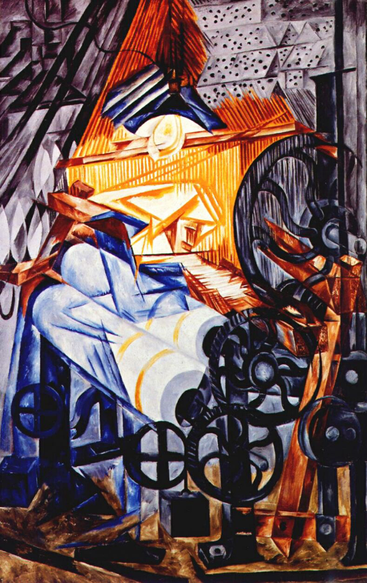 An artwork titled 'The Weaver' by Natalia Goncharova from 1913 showcases the innovative spirit of Futurism. The painting depicts an abstract representation of a weaver at a loom, blending geometric and fragmented forms. Dominated by bold shades of blue, orange, and white, the composition emphasizes the interplay of machinery and human activity. Sharp angles and dynamic shapes convey the rhythmic motion and intensity of the weaving process, capturing the essence of industrial progress and human endeavor.